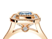 Halo Engagement Ring Setting for Fancy Blue Emerald Cut Center with Milgrain Frame, Pave Band and Prong Head in Rose Gold