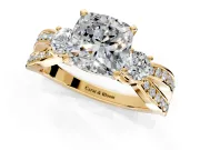 3 Stone Engagement Ring Setting for Cushion Cut Center with Pave Twist Band and Prong Head in Yellow Gold