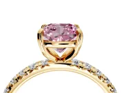 Solitaire Engagement Ring Setting for Fancy Pink Cushion Cut Center with Shared-Prong Accents and Prong Head in Yellow Gold