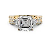 3 Stone Engagement Ring Setting for Asscher Cut Center with Pave Split Shank and Prong Head in Yellow Gold