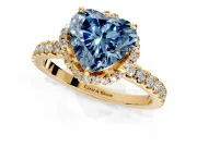 Halo Engagement Ring Setting for Fancy Blue Heart-Shaped Center with Openwork Halo, Pave Band and Prong Head in Yellow Gold