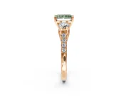 3 Stone Engagement Ring Setting for Fancy Green Radiant Cut Center with Crossover Basket, Pave Band and Prong Head in Rose Gold