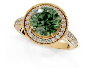 Milgrain Halo Engagement Ring Setting for Fancy Green Round Cut Center with Three-Sided Pave Band and Prong Head in Yellow Gold