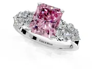 Cluster Engagement Ring Setting for Fancy Pink Radiant Cut Center with 2-Row Shoulder Clusters and Prong Head in Platinum