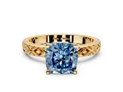 Solitaire Engagement Ring Setting for Fancy Blue Cushion Cut Center with Milgrain X Pattern Band and Prong Head in Yellow Gold