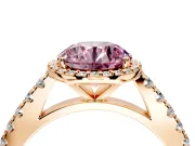 Halo Engagement Ring Setting for Fancy Pink Round Cut Center with Full Pave Band and Prong Head in Rose Gold
