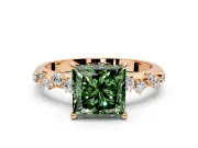 Cluster Engagement Ring Setting for Fancy Green Princess Cut Center with Round Cut Accent Band and Prong Head in Rose Gold
