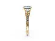 3 Stone Engagement Ring Setting for Fancy Blue Princess Cut Center with Crossover Basket, Pave Band and Prong Head in Yellow Gold