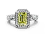 Milgrain Halo Engagement Ring Setting for Fancy Yellow Emerald Cut Center with Wide Pave Band and Prong Head in Platinum