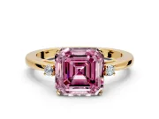 3 Stone Engagement Ring Setting for Fancy Pink Asscher Cut Center with Low-Set Round Cut Accents and Prong Head in Yellow Gold