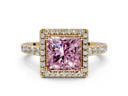 Halo Engagement Ring Setting for Fancy Pink Princess Cut Center with Inner Milgrain Border and Prong Head in Yellow Gold
