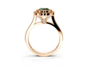 Halo Engagement Ring Setting for Fancy Green Round Cut Center with Milgrain Frame, Pave Band and Prong Head in Rose Gold