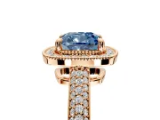 Milgrain Halo Engagement Ring Setting for Fancy Blue Cushion Cut Center with Three-Sided Pave Band and Prong Head in Rose Gold
