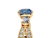 3 Stone Engagement Ring Setting for Fancy Blue Cushion Cut Center with Pave Twist Band and Prong Head in Yellow Gold