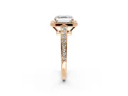 Bezel-Framed Halo Engagement Ring Setting for Asscher Cut Center with Pave Band and Prong Head in Rose Gold