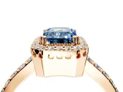 Halo Engagement Ring Setting for Fancy Blue Emerald Cut Center with Inner Milgrain Border and Prong Head in Rose Gold