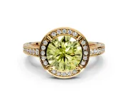 Halo Engagement Ring Setting for Fancy Yellow Round Cut Center with Framed Halo, Pave Band and Prong Head in Yellow Gold