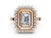Halo Engagement Ring Setting for Emerald Cut Center with Milgrain Bezel Rim, Plain Band and Prong Head in Rose Gold