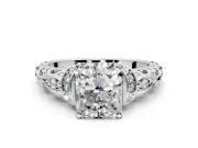 Solitaire Engagement Ring Setting for Radiant Cut Center with Filigree Band and Prong Head in Platinum