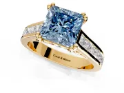 Solitaire Engagement Ring Setting for Fancy Blue Princess Cut Center with Channel Band and Double Claw Prong Head in Yellow Gold