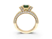 Pave Engagement Ring Setting for Fancy Green Emerald Cut Center with Curved Accent Rows, Openwork and Prong Head in Yellow Gold