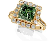 Milgrain Halo Engagement Ring Setting for Fancy Green Princess Cut Center with Bezel Point Accents and Prong Head in Yellow Gold
