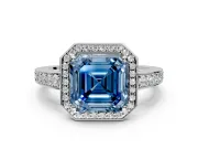 Bezel-Framed Halo Engagement Ring Setting for Fancy Blue Asscher Cut Center with Pave Band and Prong Head in Platinum