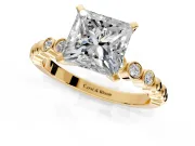 Solitaire Engagement Ring Setting for Princess Cut Center with Bezel-Dot Beaded Band and Prong Head in Yellow Gold