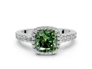 Halo Engagement Ring Setting for Fancy Green Cushion Cut Center with Full Pave Band and Prong Head in White Gold