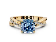 Solitaire Engagement Ring Setting for Fancy Blue Cushion Cut Center with Half-Pave Crossover Band and Prong Head in Yellow Gold