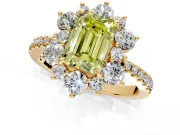 Floral Halo Engagement Ring Setting for Fancy Yellow Emerald Cut Center with Pave Accents and Prong Head in Yellow Gold