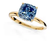 Hidden Halo Engagement Ring Setting for Fancy Blue Cushion Cut Center with Thin Round-Wire Band and Prong Head in Yellow Gold