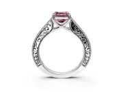 Solitaire Engagement Ring Setting for Fancy Pink Asscher Cut Center with Engraved Pave Band and Prong Head in Sterling Silver