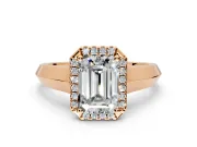 Halo Engagement Ring Setting for Emerald Cut Center with Knife Ridge Cathedral Band and Prong Head in Rose Gold