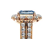 Large Accent Halo Engagement Ring Setting for Fancy Blue Emerald Cut Center with Pave Split Shank and Prong Head in Rose Gold