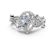 Halo Engagement Ring Setting for Pear-Shaped Center with Leaf Motif Split Shank and Prong Head in Platinum