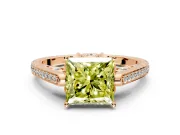 Cathedral Engagement Ring Setting for Fancy Yellow Princess Cut Center with Antique-Style Pave Band and Prong Head in Rose Gold