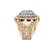 Double Halo Engagement Ring Setting for Cushion Cut Center with Narrow Pave Split Shank and Prong Head in Rose Gold