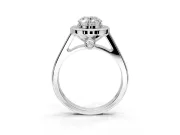 Halo Engagement Ring Setting for Oval Center with Outer Bezel Rim, Pave Band and Prong Head in Platinum