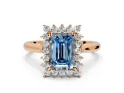 Starburst Halo Engagement Ring Setting for Fancy Blue Emerald Cut Center with Thin Round-Wire Band and Prong Head in Rose Gold