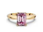 Solitaire Engagement Ring Setting for Fancy Pink Emerald Cut Center with Reverse Tapered Band and Prong Head in Yellow Gold