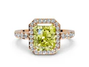 Halo Engagement Ring Setting for Fancy Yellow Radiant Cut Center with Heart-Shaped Openwork, Pave Band and Prong Head in Rose Gold
