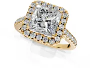 Halo Engagement Ring Setting for Princess Cut Center with Raised Halo, Pave Band and Prong Head in Yellow Gold