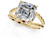 Halo Engagement Ring Setting for Asscher Cut Center with Rope Twist Split Shank and Prong Head in Yellow Gold