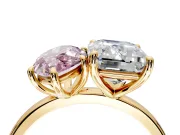 Fancy Pink Marquise and Emerald Cut Lab-Grown Diamond Toi et Moi Engagement Ring with Prong-Set Stones in Yellow Gold