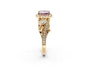 Bypass Halo Engagement Ring Setting for Fancy Pink Princess Cut Center with Bezel Accents, Milgrain and Prong Head in Yellow Gold