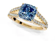Solitaire Engagement Ring Setting for Fancy Blue Cushion Cut Center with Pave Split Shank and Prong Head in Yellow Gold