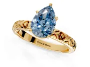 Solitaire Engagement Ring Setting for Fancy Blue Pear-Shaped Center with XO Engraved Band and Prong Head in Yellow Gold