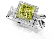 Halo Engagement Ring Setting for Fancy Yellow Princess Cut Center with Floral Band and Prong Head in Sterling Silver