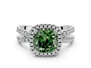Halo Engagement Ring Setting for Fancy Green Cushion Cut Center with Double Pave Split Shank and Prong Head in Platinum